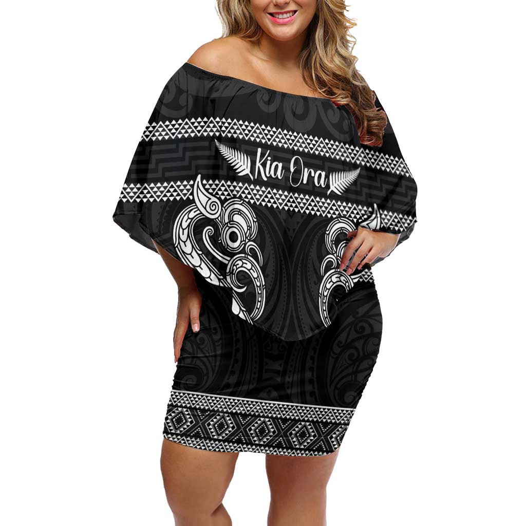 Kia Ora New Zealand Off Shoulder Short Dress Maori Language Week Pango Taniko Motif LT14 Women Black - Polynesian Pride