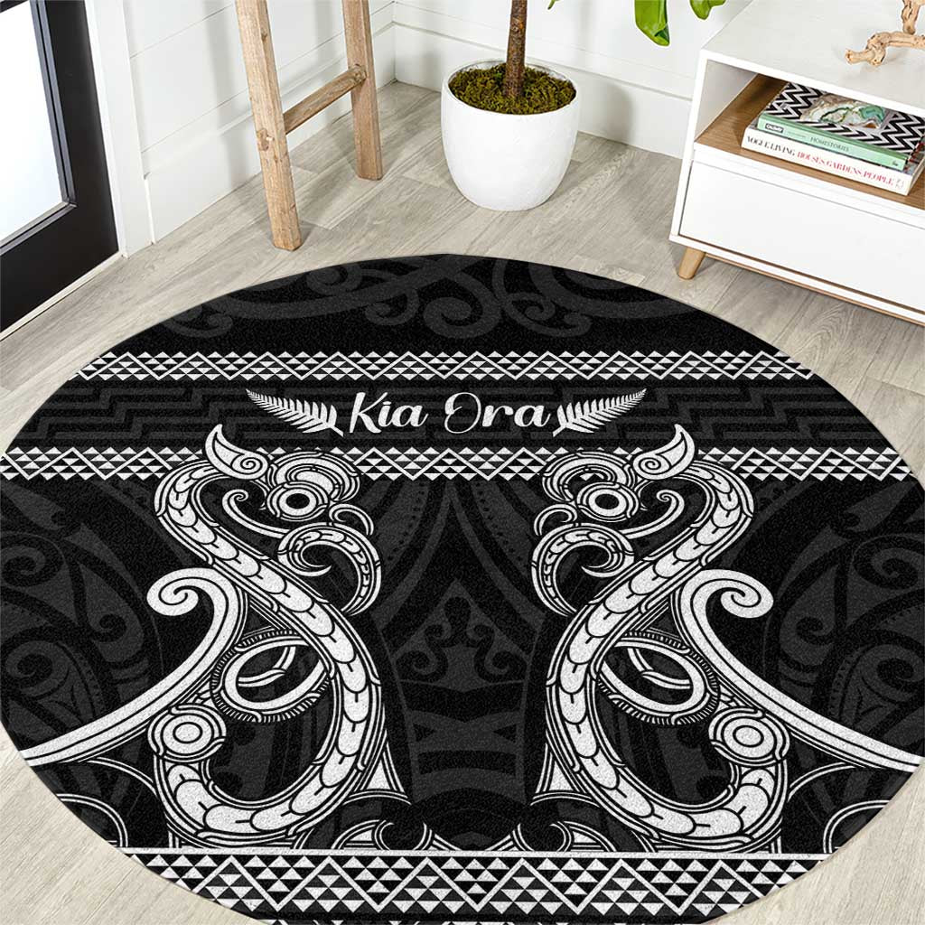Kia Ora New Zealand Round Carpet Maori Language Week Pango Taniko Motif LT14 Black - Polynesian Pride