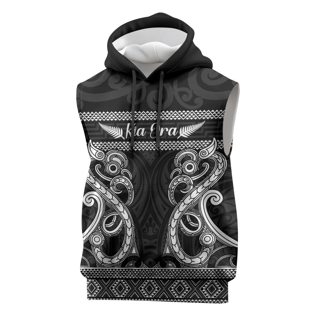 Kia Ora New Zealand Sleeveless Hoodie Maori Language Week Pango Taniko Motif LT14 Black - Polynesian Pride