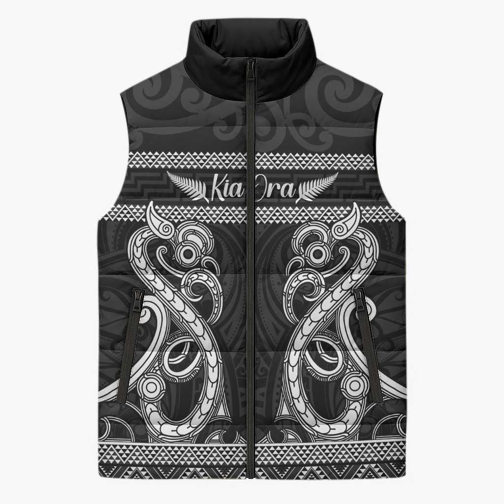 Kia Ora New Zealand Sleeveless Puffer Jacket Maori Language Week Pango Taniko Motif LT14 Unisex Black - Polynesian Pride