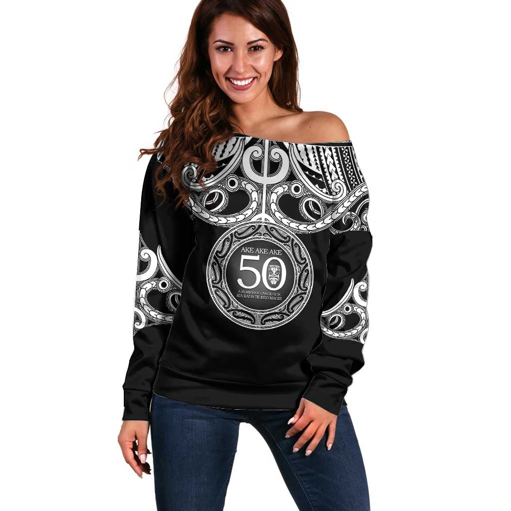 Kia Kaha Te Reo Maori New Zealand Off Shoulder Sweater 50th Anniversary Ake Ake Ake LT14 Women Black - Polynesian Pride