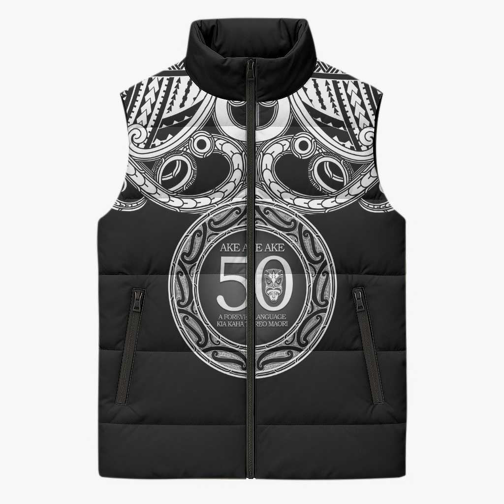 Kia Kaha Te Reo Maori New Zealand Sleeveless Puffer Jacket 50th Anniversary Ake Ake Ake LT14 Unisex Black - Polynesian Pride