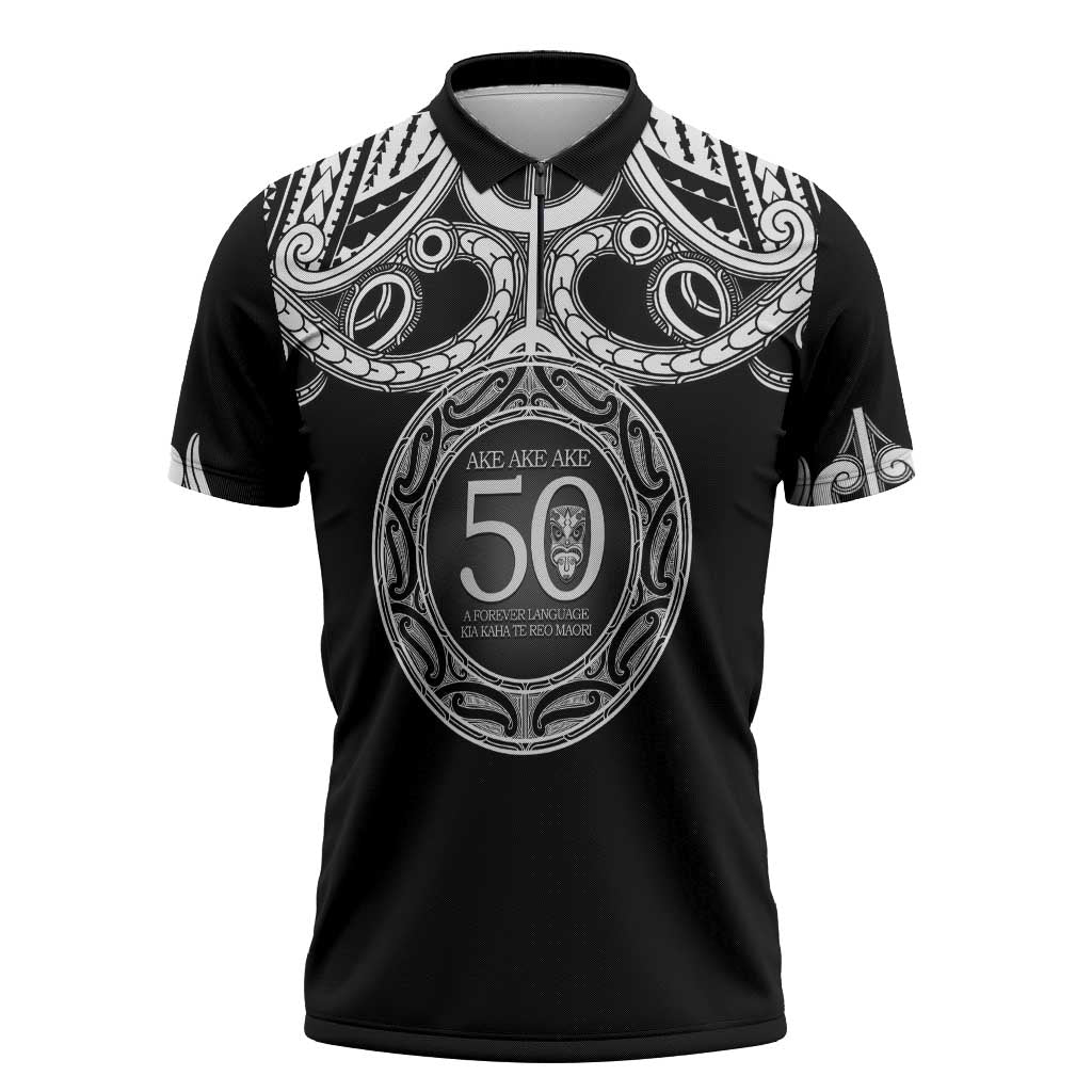 Kia Kaha Te Reo Maori New Zealand Zipper Polo Shirt 50th Anniversary Ake Ake Ake LT14 Black - Polynesian Pride