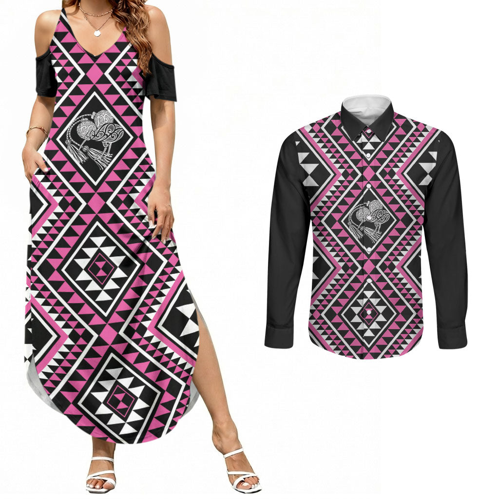 New Zealand Mawhero Taniko Motifs Couples Matching Summer Maxi Dress and Long Sleeve Button Shirt Maori Poi Dance Costume Inspired LT14 Pink - Polynesian Pride