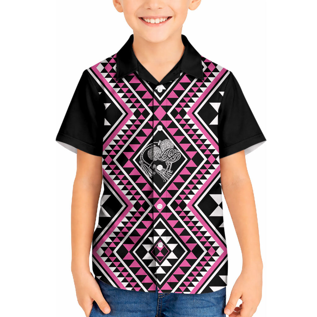 New Zealand Mawhero Taniko Motifs Kid Hawaiian Shirt Maori Poi Dance Costume Inspired LT14 Kid Pink - Polynesian Pride