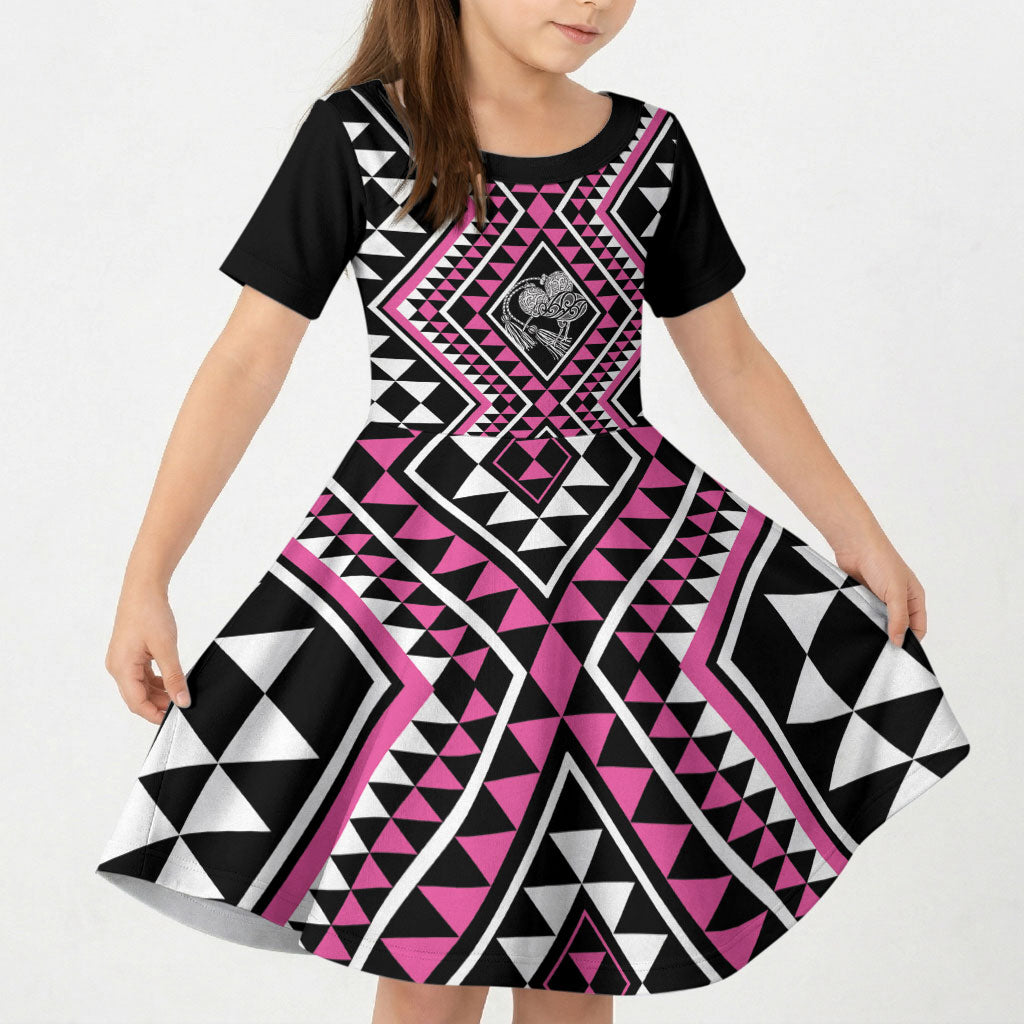 New Zealand Mawhero Taniko Motifs Kid Short Sleeve Dress Maori Poi Dance Costume Inspired LT14 KID Pink - Polynesian Pride