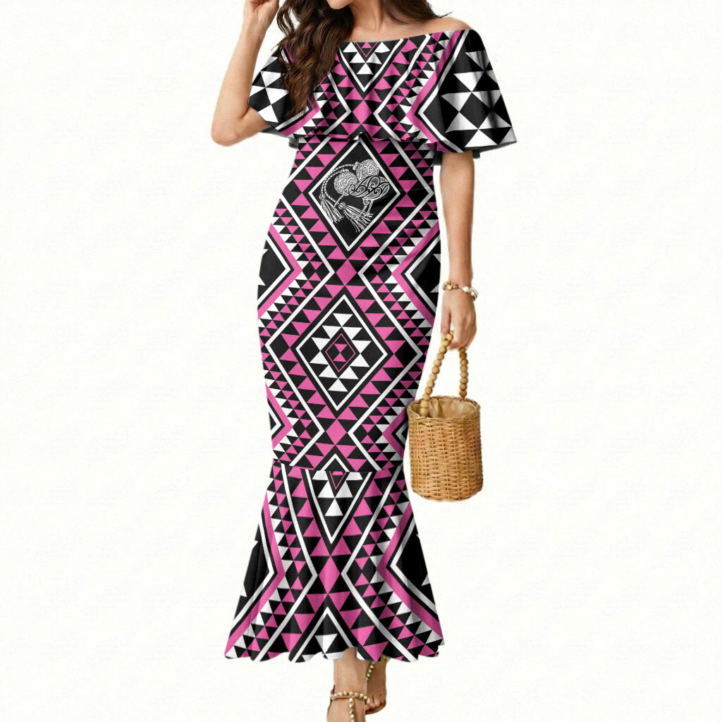 New Zealand Mawhero Taniko Motifs Mermaid Dress Maori Poi Dance Costume Inspired LT14 Women Pink - Polynesian Pride