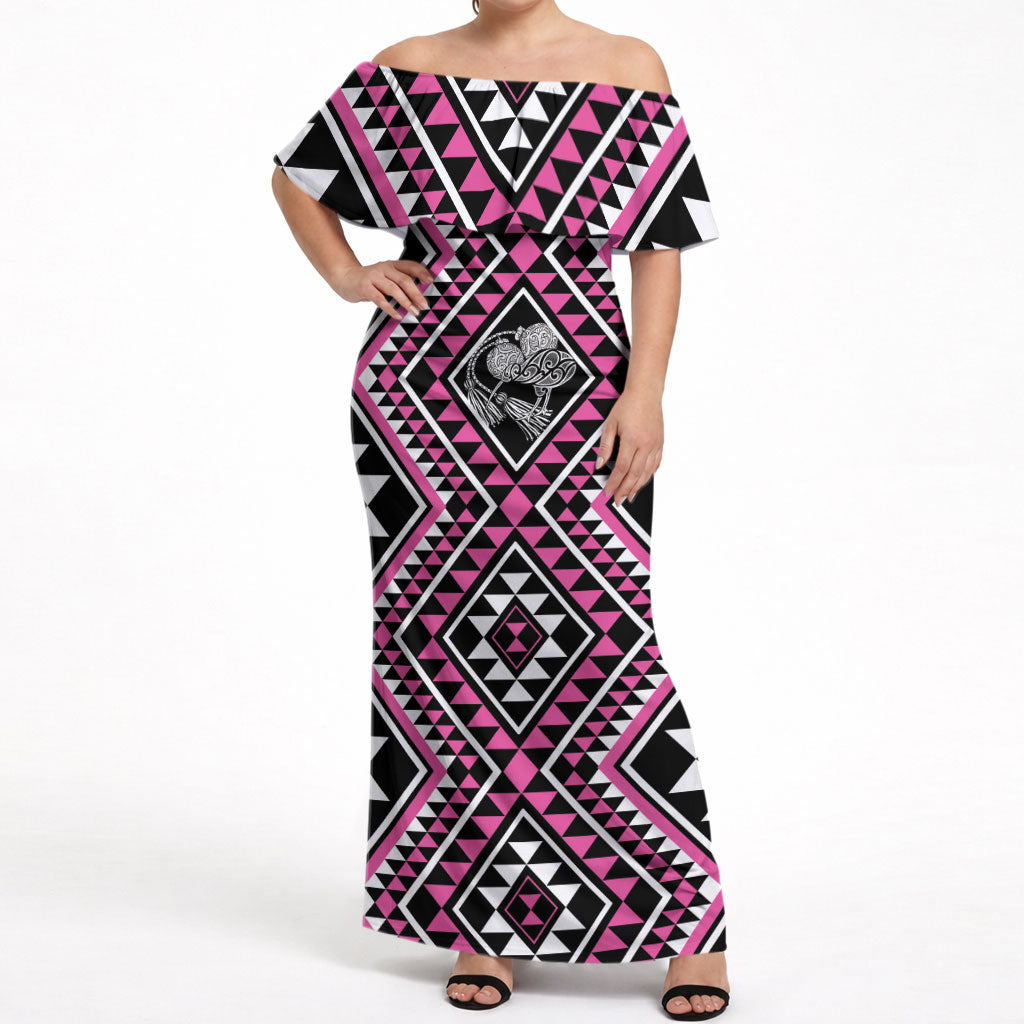 New Zealand Mawhero Taniko Motifs Off Shoulder Maxi Dress Maori Poi Dance Costume Inspired LT14 Women Pink - Polynesian Pride