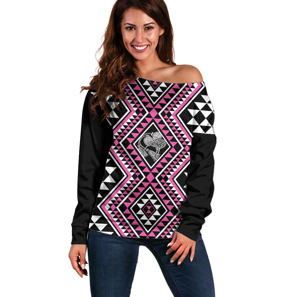 New Zealand Mawhero Taniko Motifs Off Shoulder Sweater Maori Poi Dance Costume Inspired LT14 Women Pink - Polynesian Pride