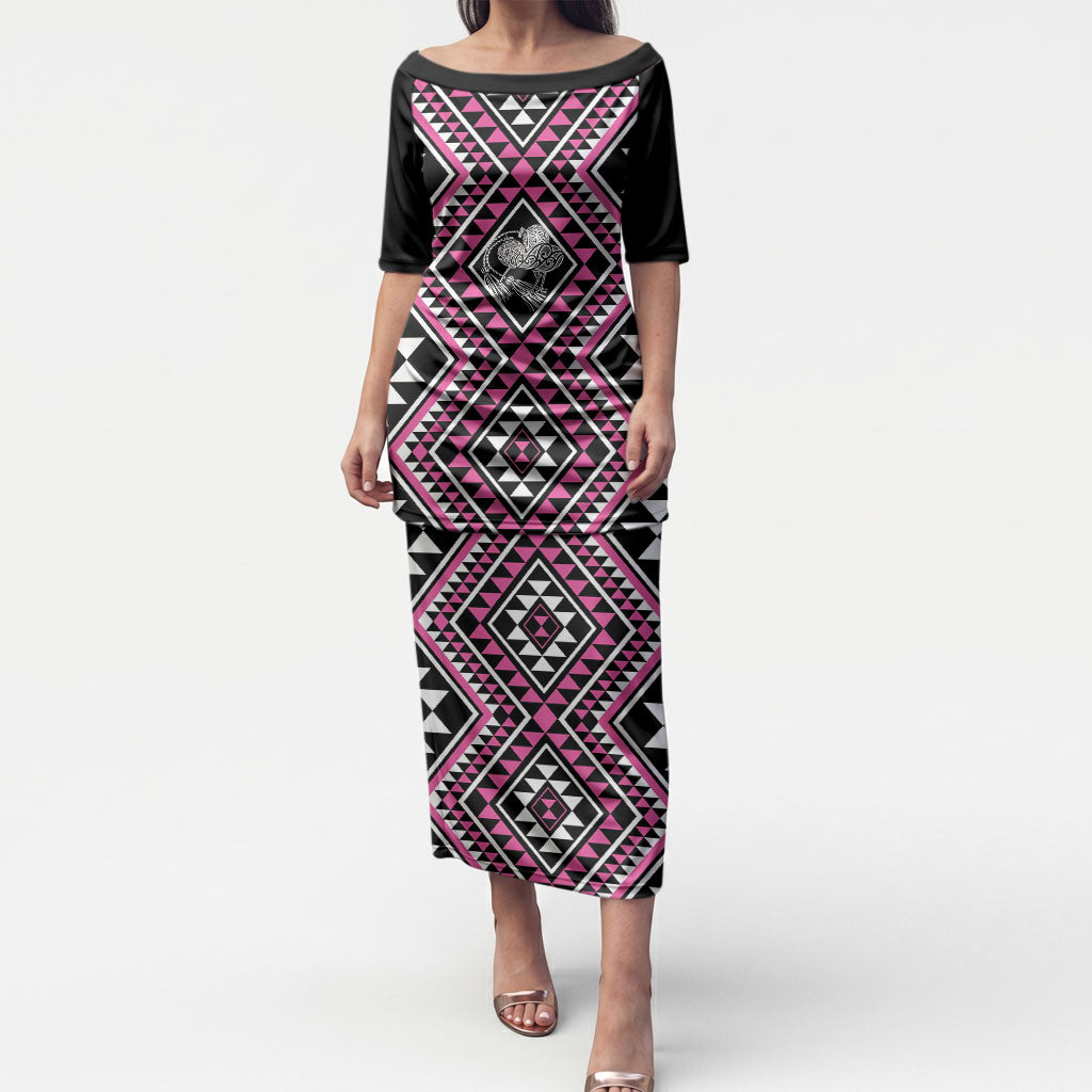 New Zealand Mawhero Taniko Motifs Puletasi Maori Poi Dance Costume Inspired LT14 Long Dress Pink - Polynesian Pride