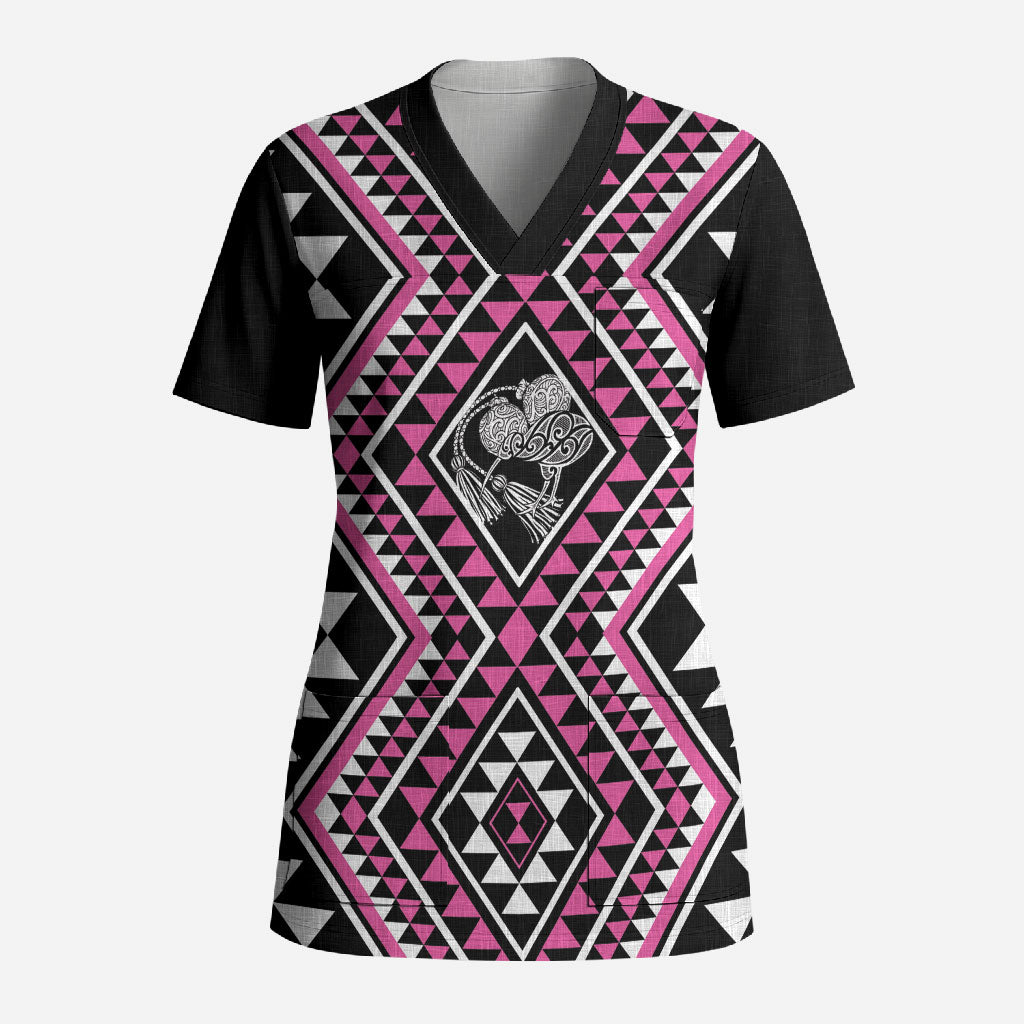 New Zealand Mawhero Taniko Motifs Scrub Top Maori Poi Dance Costume Inspired LT14 Adult Pink - Polynesian Pride