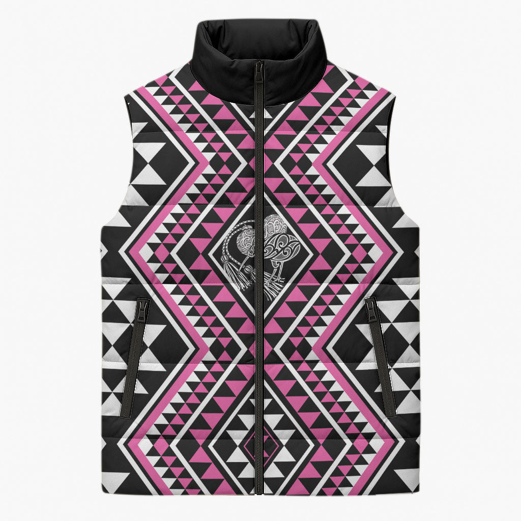 New Zealand Mawhero Taniko Motifs Sleeveless Puffer Jacket Maori Poi Dance Costume Inspired LT14 Unisex Pink - Polynesian Pride
