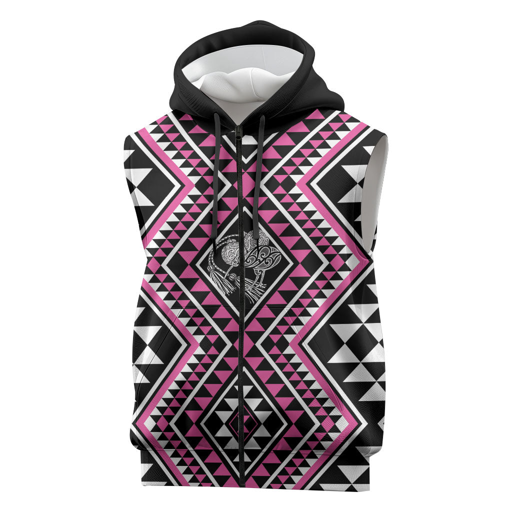 New Zealand Mawhero Taniko Motifs Sleeveless Zip Hoodie Maori Poi Dance Costume Inspired LT14 Pink - Polynesian Pride
