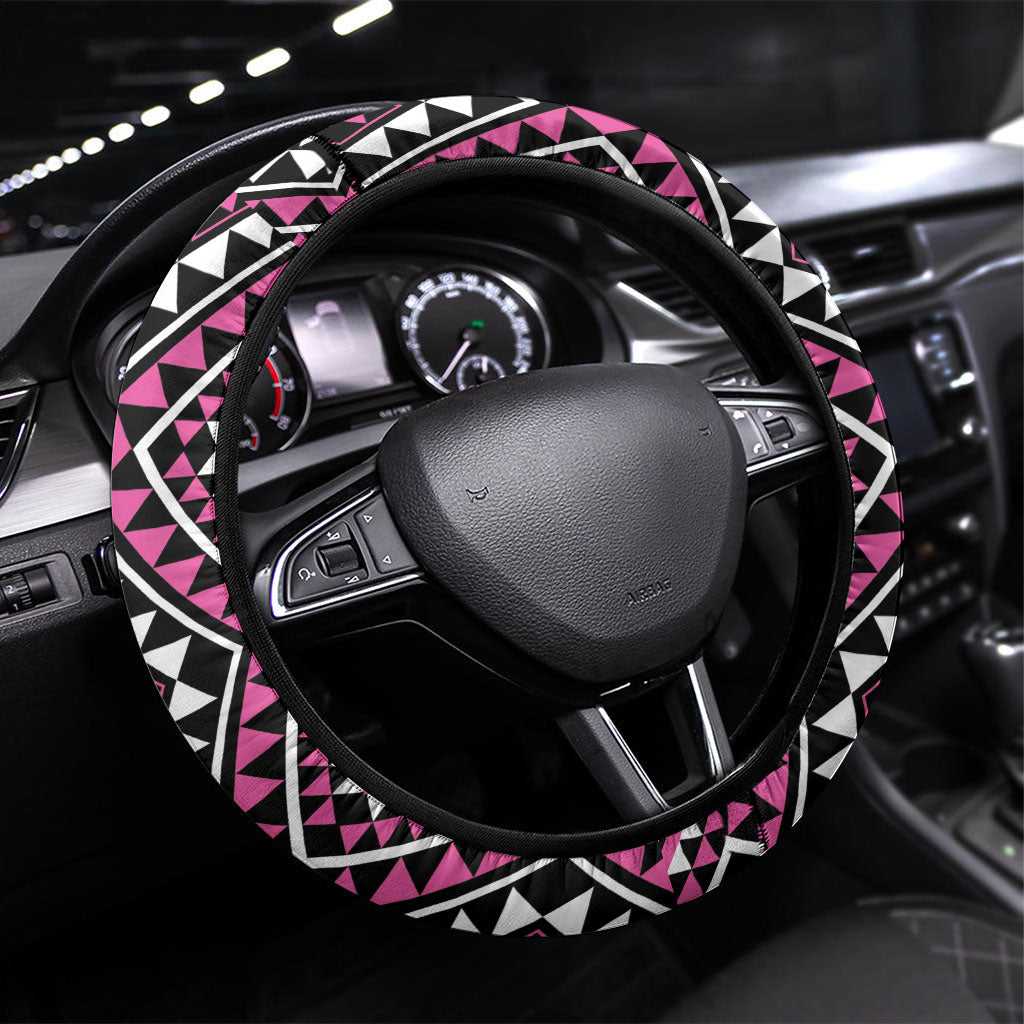 New Zealand Mawhero Taniko Motifs Steering Wheel Cover Maori Poi Dance Costume Inspired LT14 Universal Fit Pink - Polynesian Pride