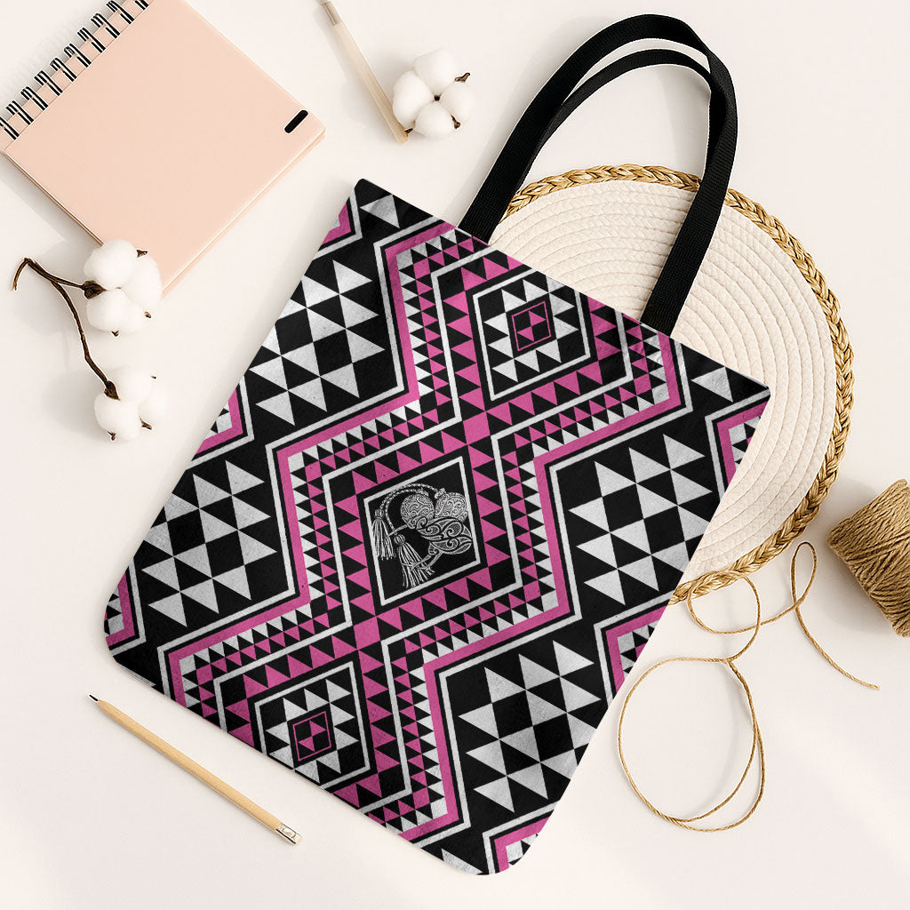 New Zealand Mawhero Taniko Motifs Tote Bag Maori Poi Dance Costume Inspired LT14 Black Strap One Size Pink - Polynesian Pride
