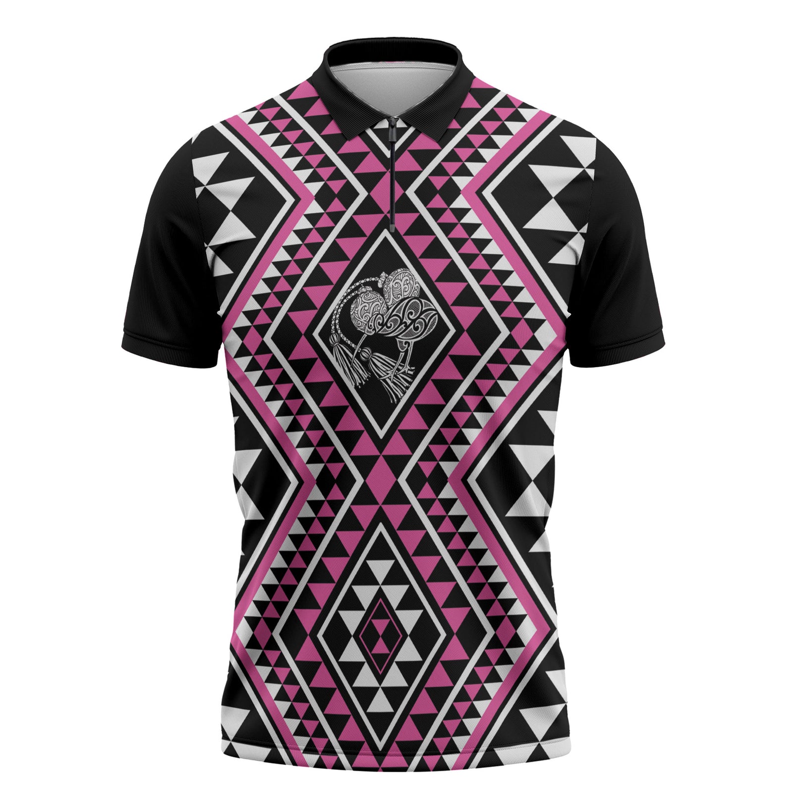 New Zealand Mawhero Taniko Motifs Zipper Polo Shirt Maori Poi Dance Costume Inspired LT14 Pink - Polynesian Pride