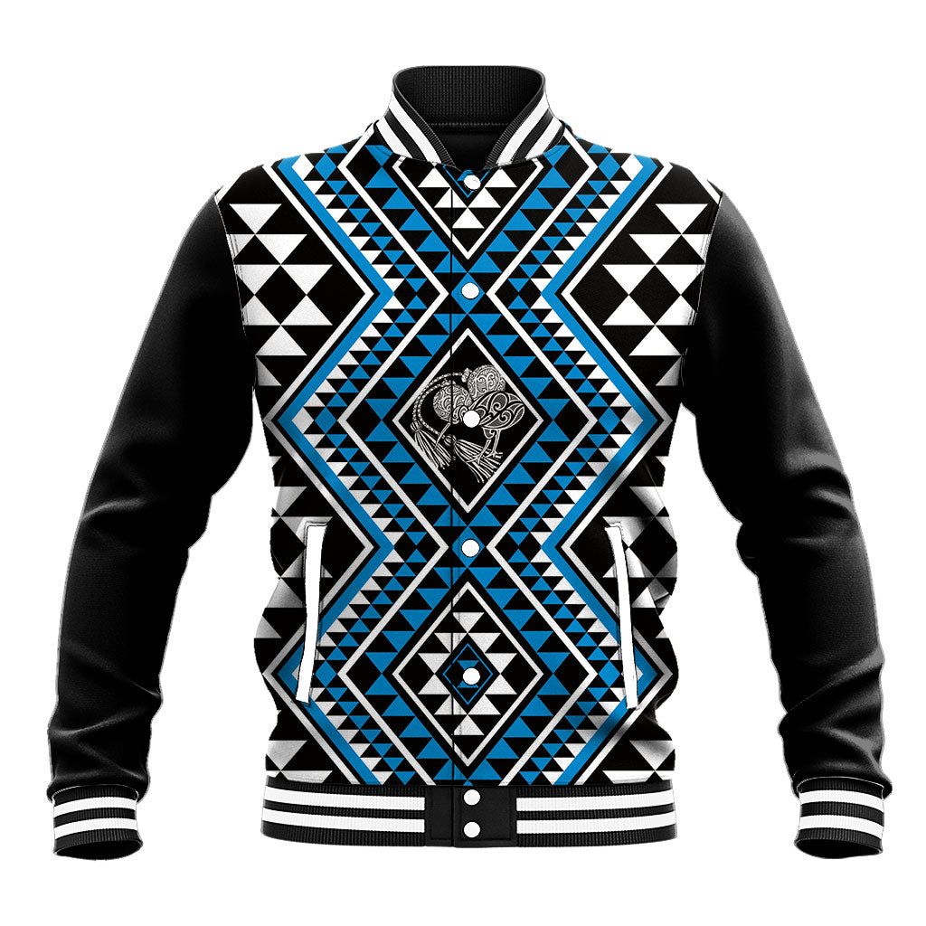 New Zealand Kikorangi Taniko Motifs Baseball Jacket Maori Poi Dance Costume Inspired LT14 Unisex Blue - Polynesian Pride