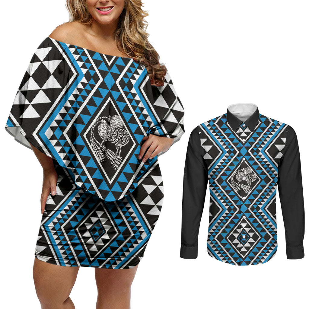 New Zealand Kikorangi Taniko Motifs Couples Matching Off Shoulder Short Dress and Long Sleeve Button Shirt Maori Poi Dance Costume Inspired LT14 Blue - Polynesian Pride