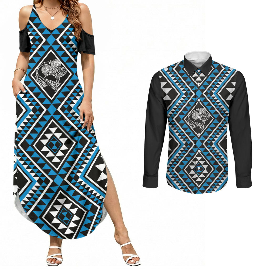 New Zealand Kikorangi Taniko Motifs Couples Matching Summer Maxi Dress and Long Sleeve Button Shirt Maori Poi Dance Costume Inspired LT14 Blue - Polynesian Pride