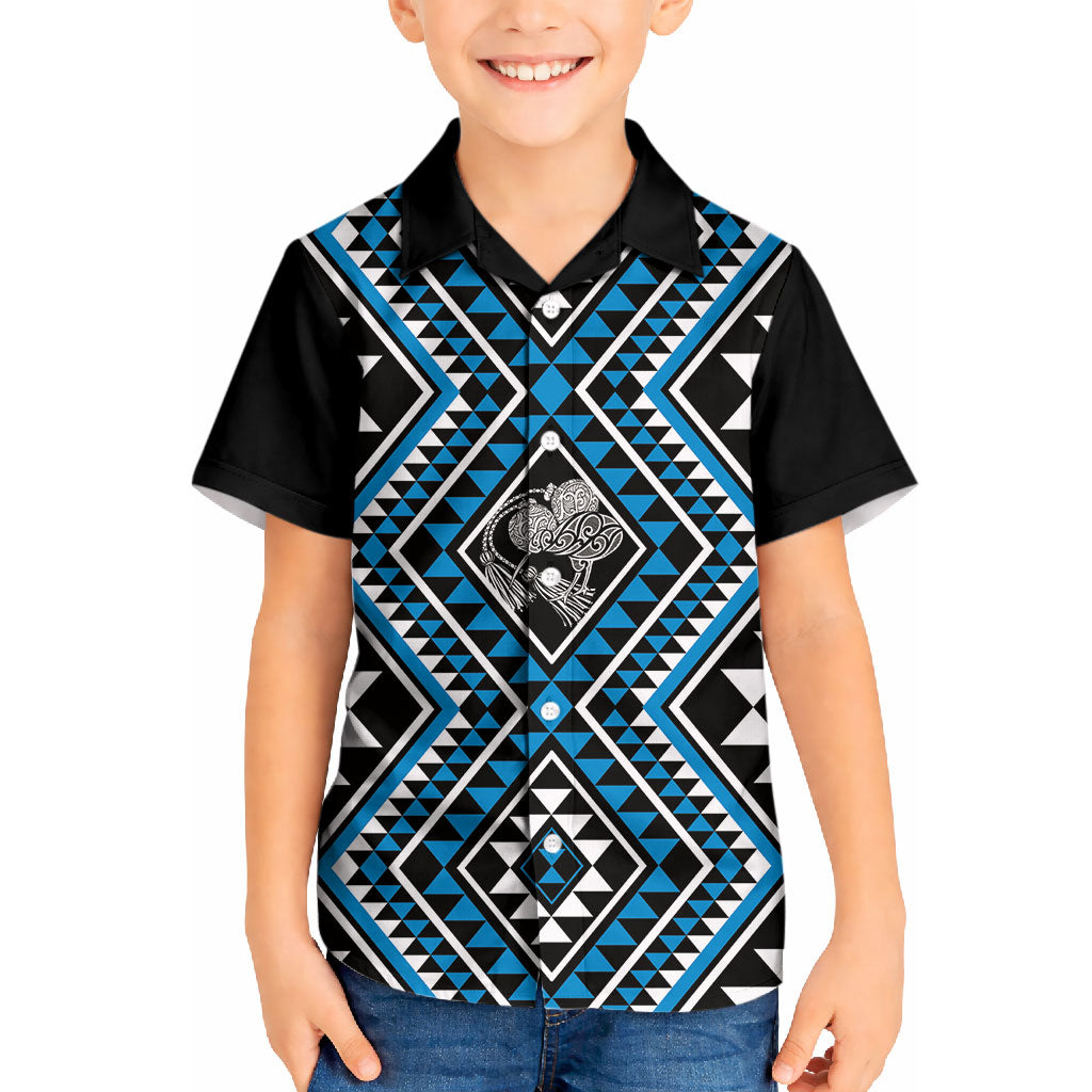 New Zealand Kikorangi Taniko Motifs Kid Hawaiian Shirt Maori Poi Dance Costume Inspired LT14 Kid Blue - Polynesian Pride