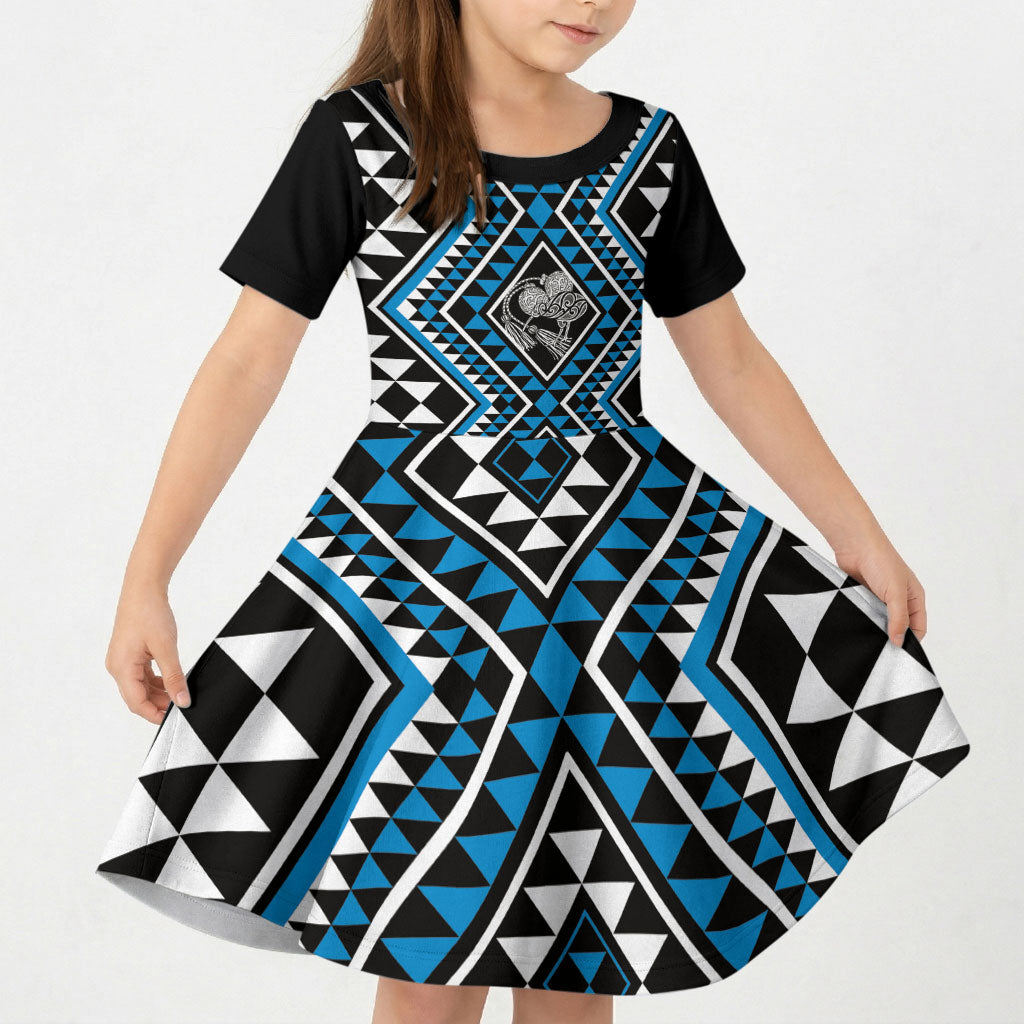 New Zealand Kikorangi Taniko Motifs Kid Short Sleeve Dress Maori Poi Dance Costume Inspired LT14 KID Blue - Polynesian Pride