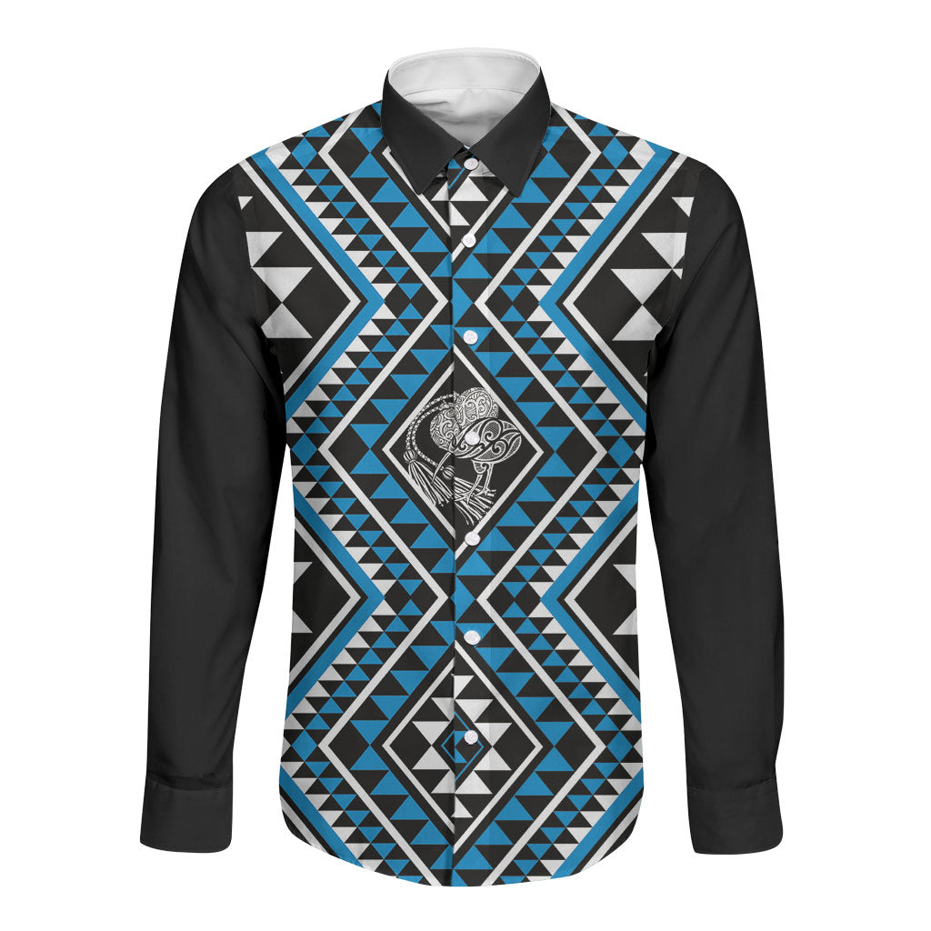 New Zealand Kikorangi Taniko Motifs Long Sleeve Button Shirt Maori Poi Dance Costume Inspired LT14 Unisex Blue - Polynesian Pride