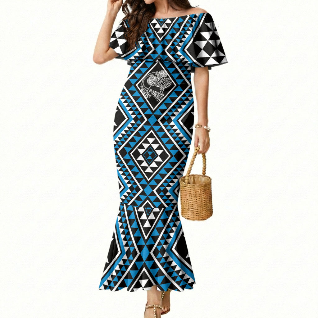 New Zealand Kikorangi Taniko Motifs Mermaid Dress Maori Poi Dance Costume Inspired LT14 Women Blue - Polynesian Pride