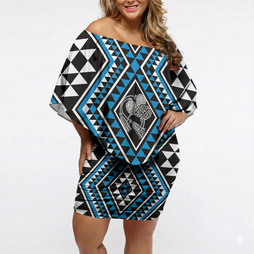 New Zealand Kikorangi Taniko Motifs Off Shoulder Short Dress Maori Poi Dance Costume Inspired LT14 Women Blue - Polynesian Pride