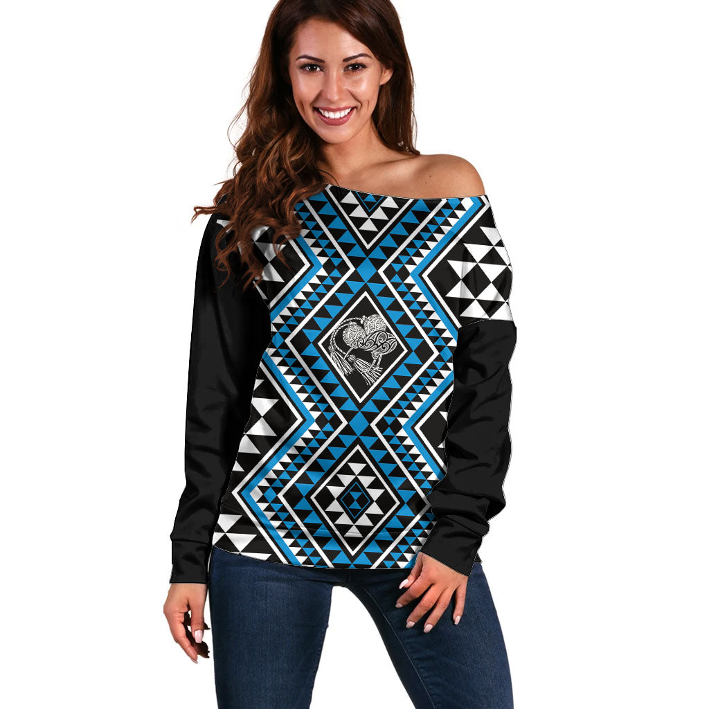 New Zealand Kikorangi Taniko Motifs Off Shoulder Sweater Maori Poi Dance Costume Inspired LT14 Women Blue - Polynesian Pride