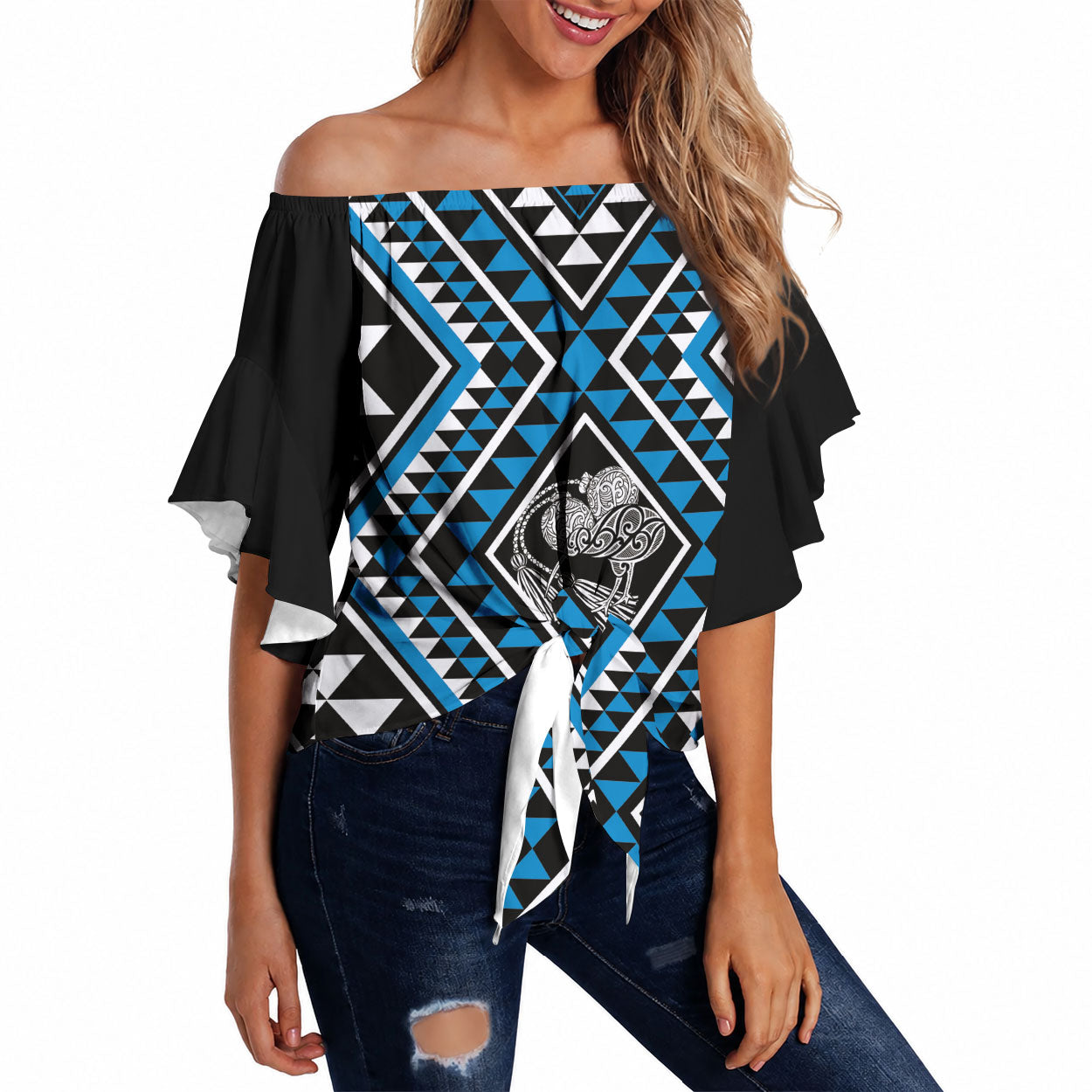 New Zealand Kikorangi Taniko Motifs Off Shoulder Wrap Waist Top Maori Poi Dance Costume Inspired LT14 Blue - Polynesian Pride