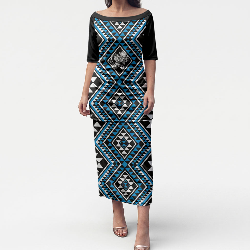 New Zealand Kikorangi Taniko Motifs Puletasi Maori Poi Dance Costume Inspired LT14 Long Dress Blue - Polynesian Pride