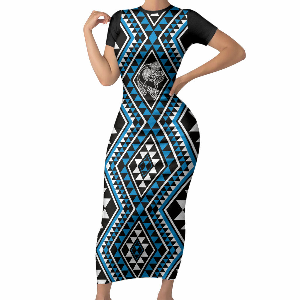 New Zealand Kikorangi Taniko Motifs Short Sleeve Bodycon Dress Maori Poi Dance Costume Inspired LT14 Long Dress Blue - Polynesian Pride