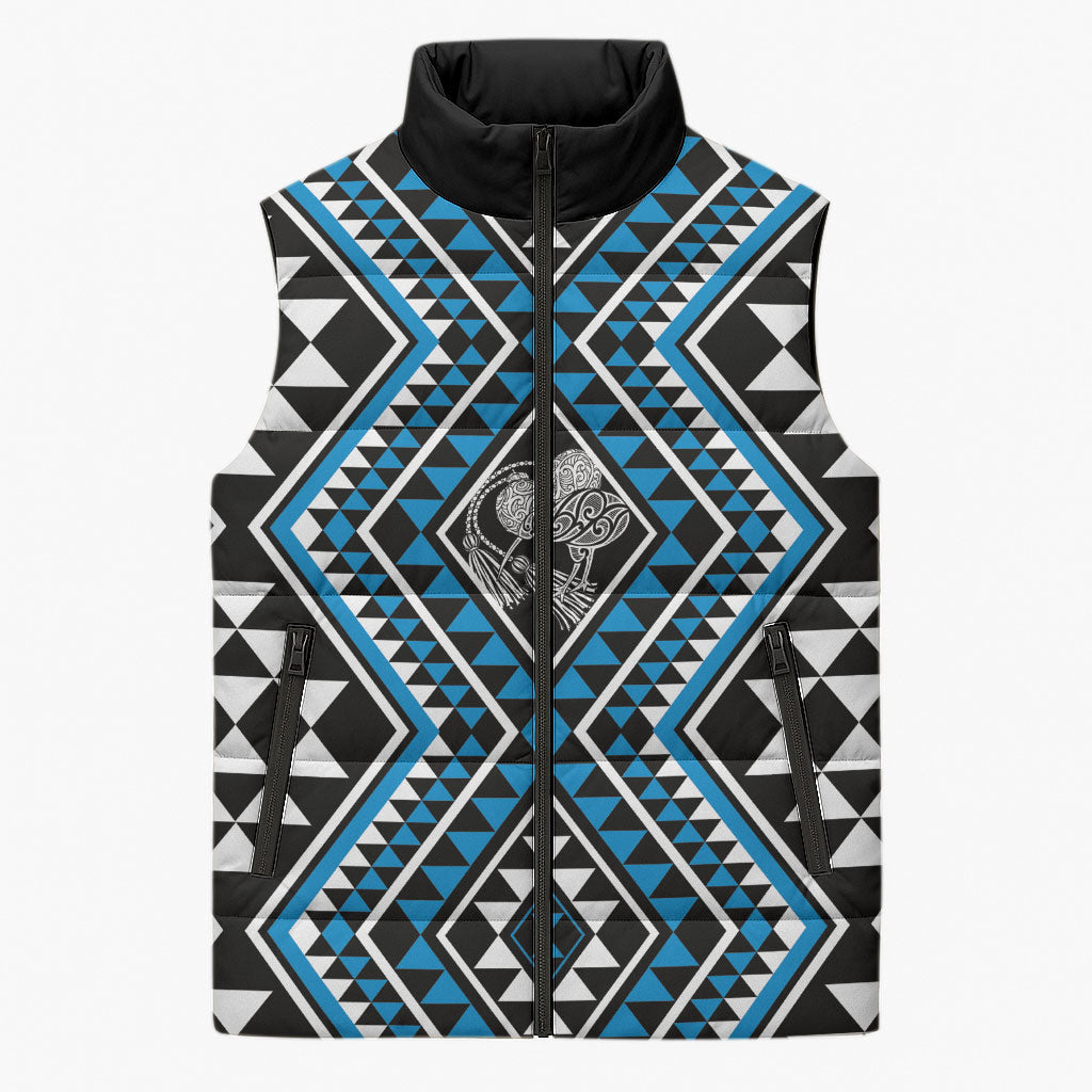 New Zealand Kikorangi Taniko Motifs Sleeveless Puffer Jacket Maori Poi Dance Costume Inspired LT14 Unisex Blue - Polynesian Pride