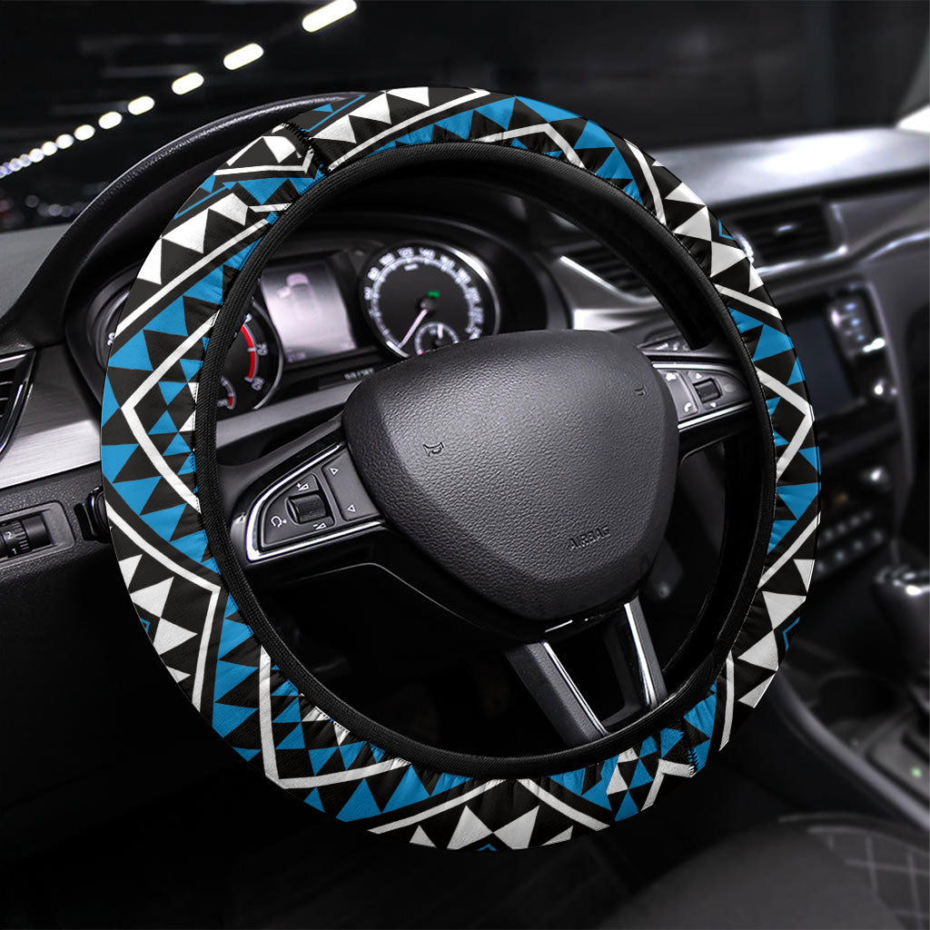New Zealand Kikorangi Taniko Motifs Steering Wheel Cover Maori Poi Dance Costume Inspired LT14 Universal Fit Blue - Polynesian Pride