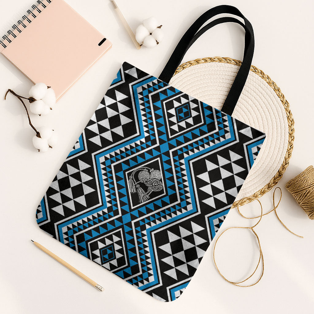New Zealand Kikorangi Taniko Motifs Tote Bag Maori Poi Dance Costume Inspired LT14 Black Strap One Size Blue - Polynesian Pride