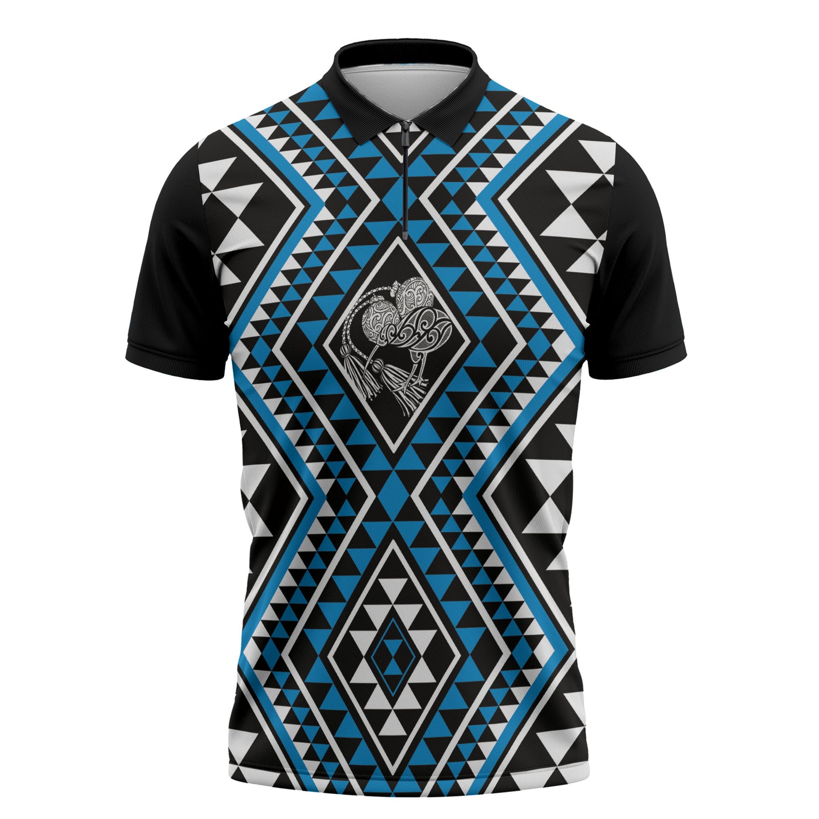 New Zealand Kikorangi Taniko Motifs Zipper Polo Shirt Maori Poi Dance Costume Inspired LT14 Blue - Polynesian Pride