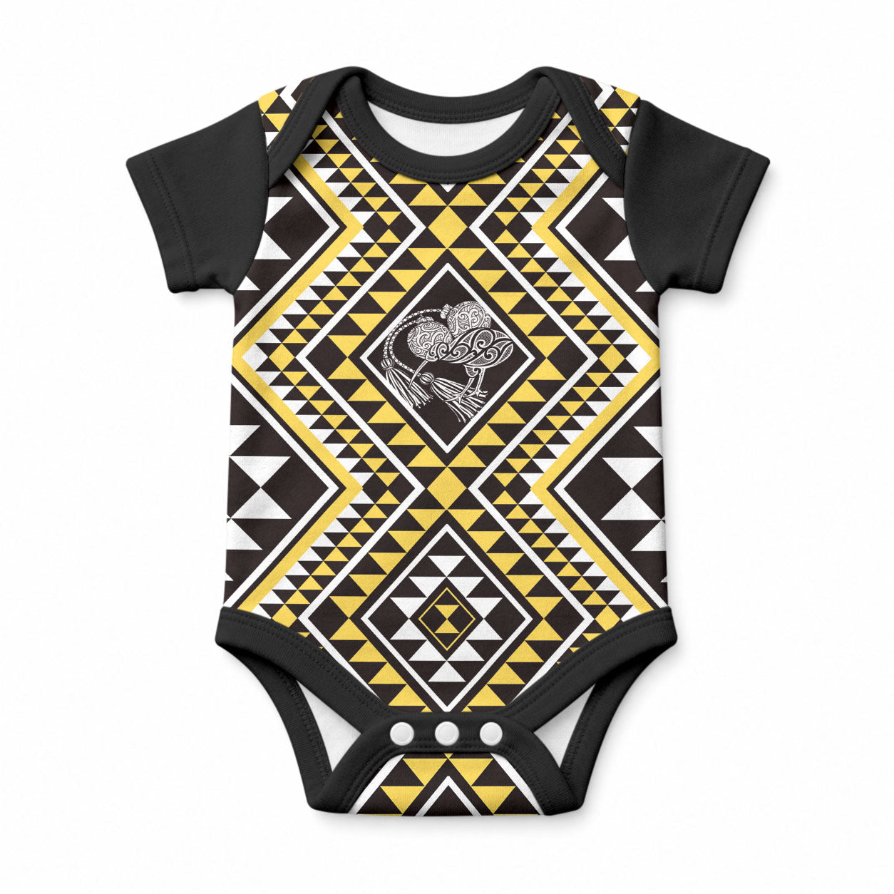 New Zealand Kowhai Taniko Motifs Baby Onesie Maori Poi Dance Costume Inspired LT14 Yellow - Polynesian Pride