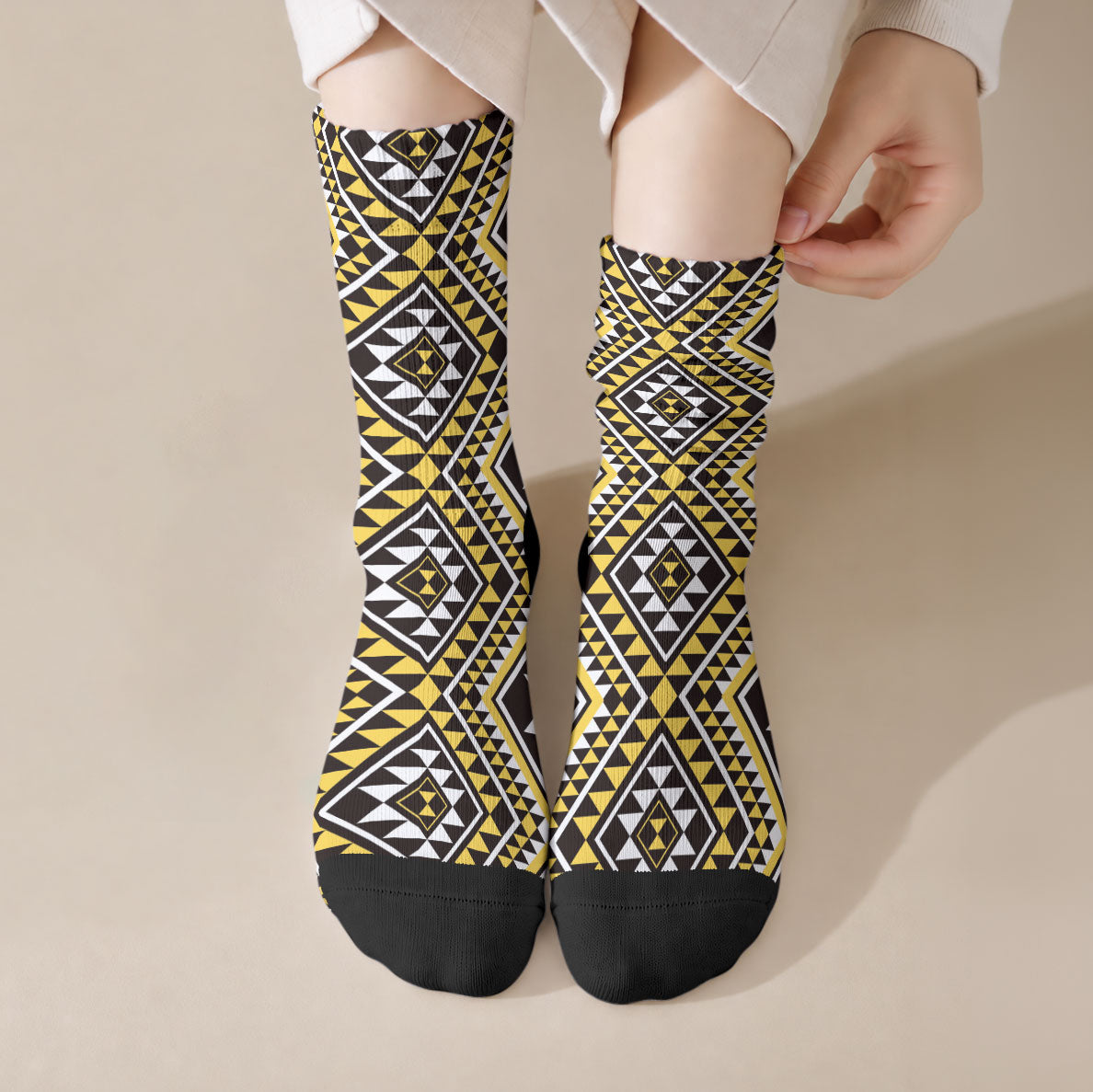 New Zealand Kowhai Taniko Motifs Crew Socks Maori Poi Dance Costume Inspired LT14 Crew Socks Yellow - Polynesian Pride