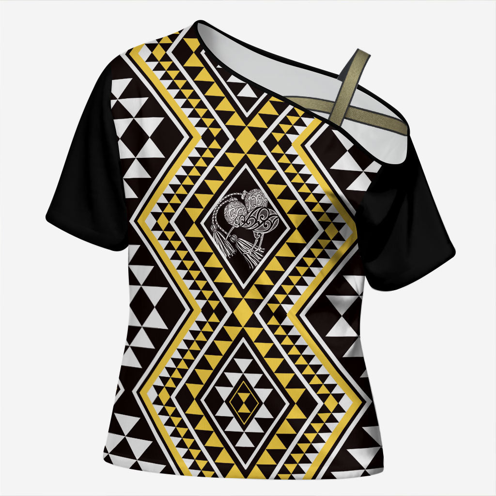 New Zealand Kowhai Taniko Motifs Cross Shoulder Shirt Maori Poi Dance Costume Inspired LT14 Female Yellow - Polynesian Pride