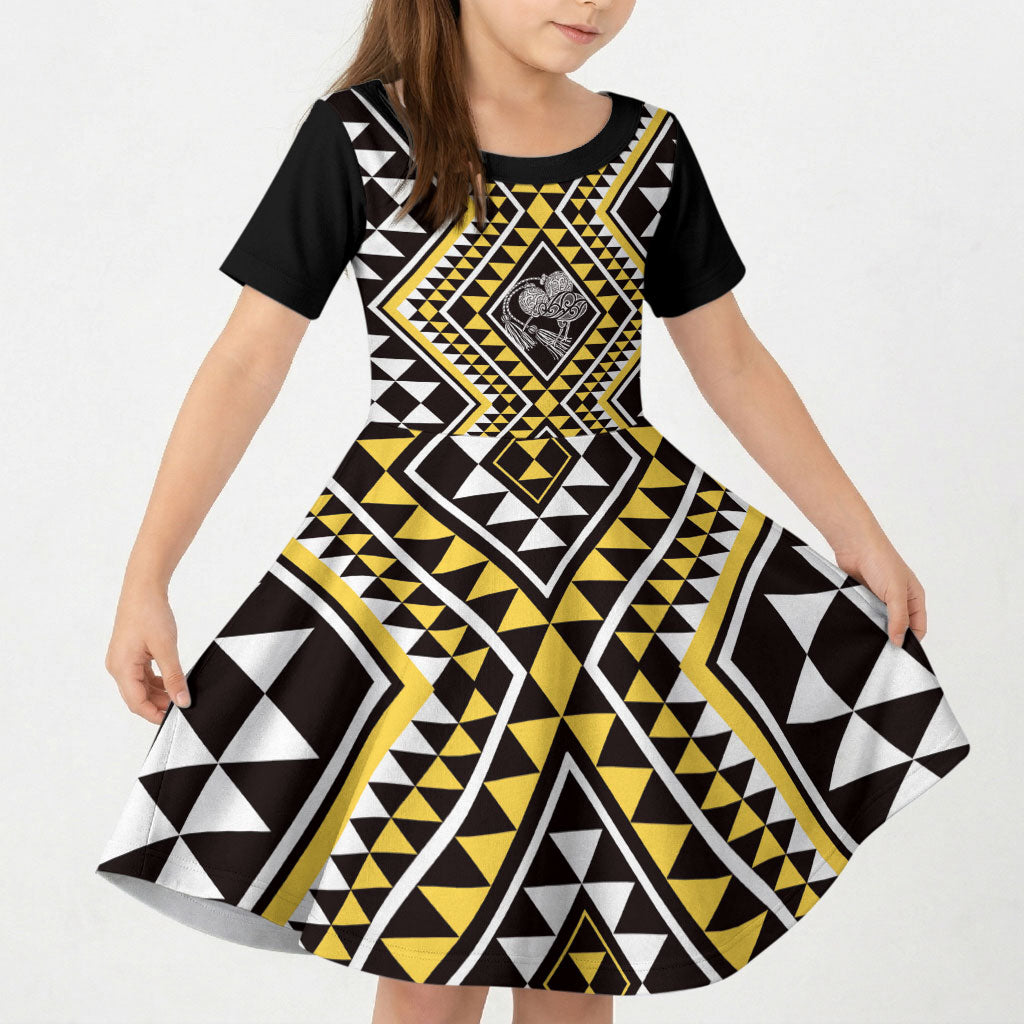 New Zealand Kowhai Taniko Motifs Kid Short Sleeve Dress Maori Poi Dance Costume Inspired LT14 KID Yellow - Polynesian Pride