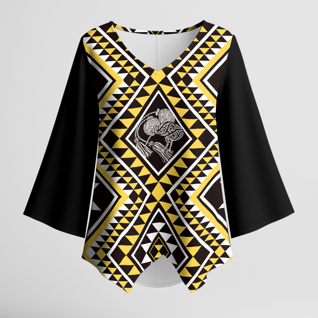 New Zealand Kowhai Taniko Motifs Kimono Sleeve Blouse Maori Poi Dance Costume Inspired LT14 Female Yellow - Polynesian Pride