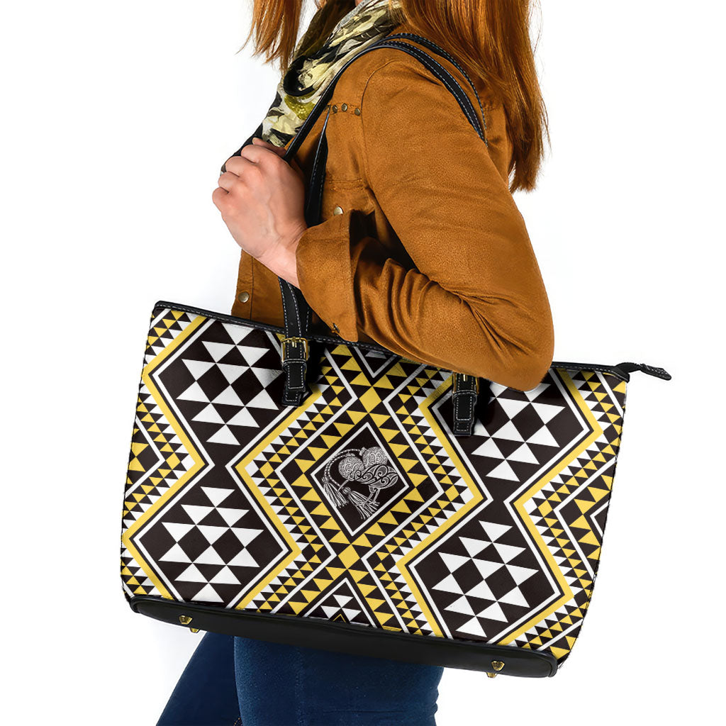 New Zealand Kowhai Taniko Motifs Leather Tote Bag Maori Poi Dance Costume Inspired LT14 Yellow - Polynesian Pride