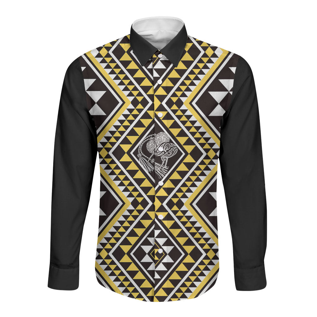 New Zealand Kowhai Taniko Motifs Long Sleeve Button Shirt Maori Poi Dance Costume Inspired LT14 Unisex Yellow - Polynesian Pride