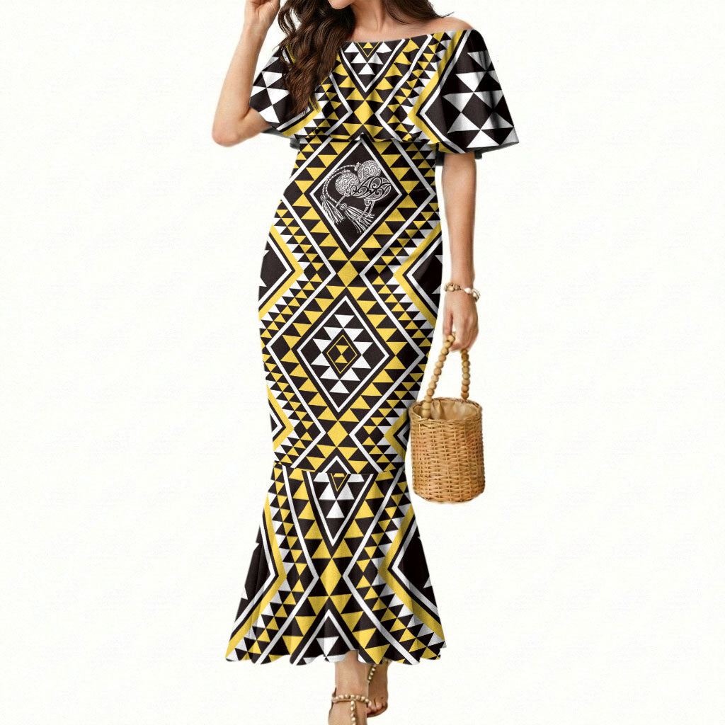 New Zealand Kowhai Taniko Motifs Mermaid Dress Maori Poi Dance Costume Inspired LT14 Women Yellow - Polynesian Pride