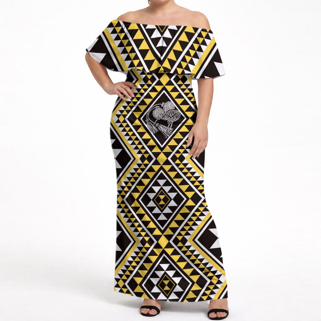 New Zealand Kowhai Taniko Motifs Off Shoulder Maxi Dress Maori Poi Dance Costume Inspired LT14 Women Yellow - Polynesian Pride