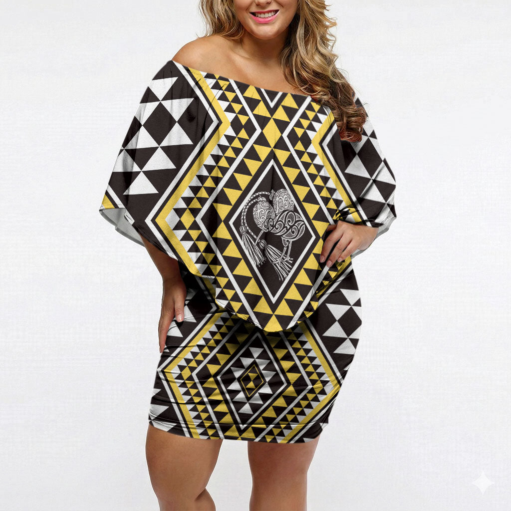 New Zealand Kowhai Taniko Motifs Off Shoulder Short Dress Maori Poi Dance Costume Inspired LT14 Women Yellow - Polynesian Pride