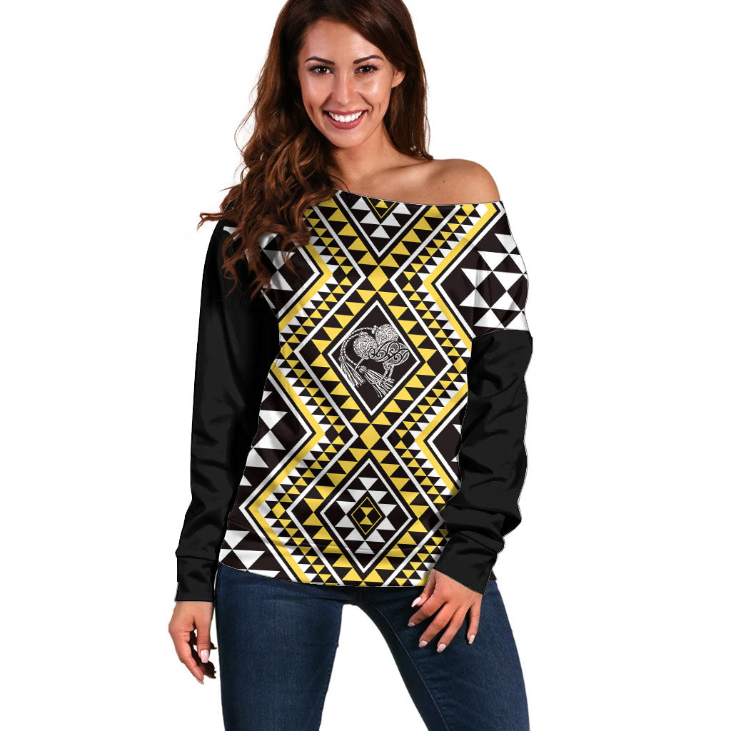 New Zealand Kowhai Taniko Motifs Off Shoulder Sweater Maori Poi Dance Costume Inspired LT14 Women Yellow - Polynesian Pride