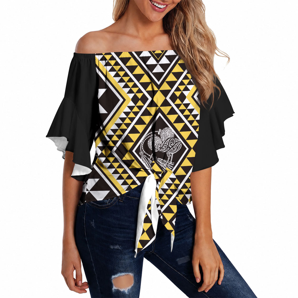 New Zealand Kowhai Taniko Motifs Off Shoulder Wrap Waist Top Maori Poi Dance Costume Inspired LT14 Yellow - Polynesian Pride