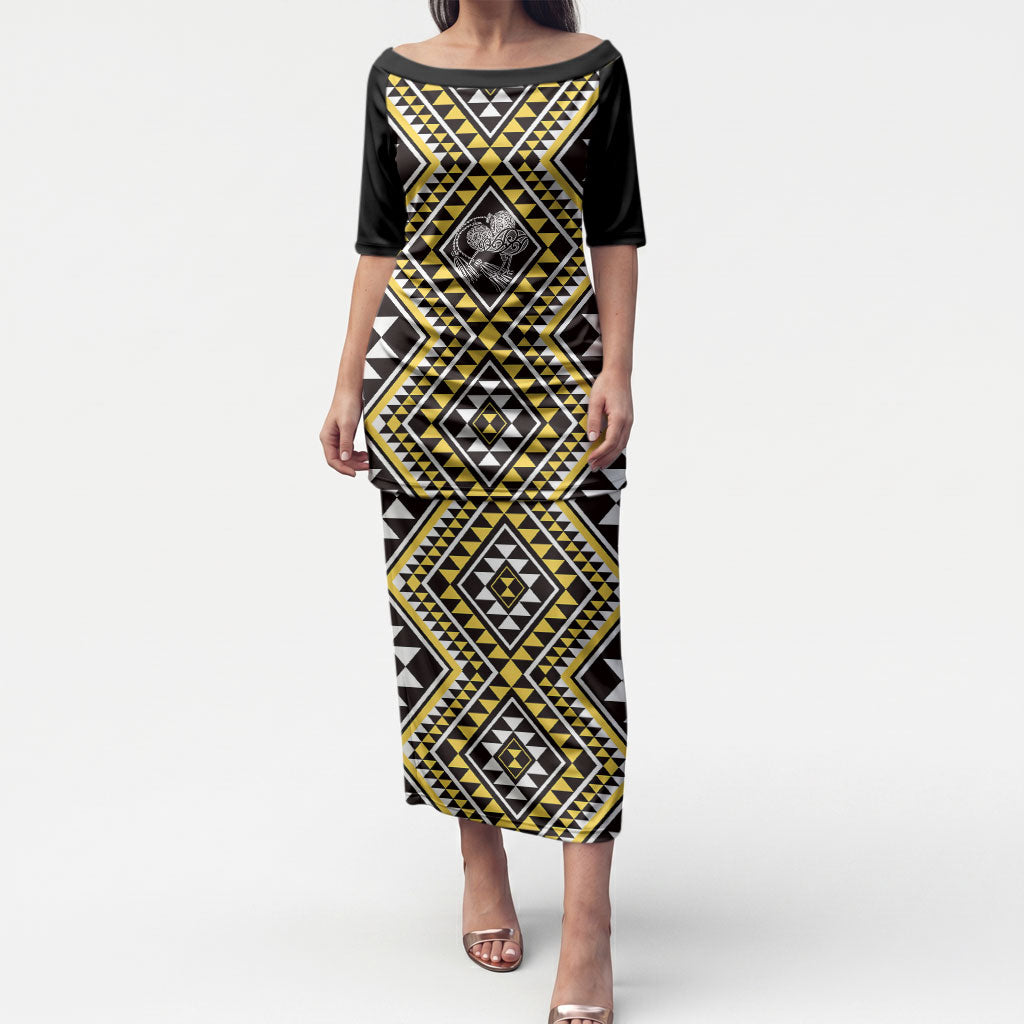 New Zealand Kowhai Taniko Motifs Puletasi Maori Poi Dance Costume Inspired LT14 Long Dress Yellow - Polynesian Pride