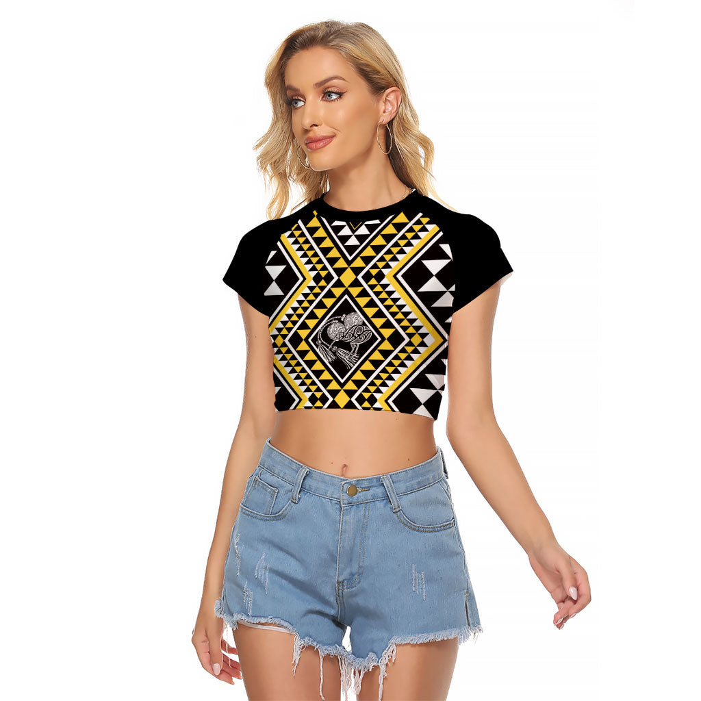 New Zealand Kowhai Taniko Motifs Raglan Cropped T Shirt Maori Poi Dance Costume Inspired LT14 Female Yellow - Polynesian Pride